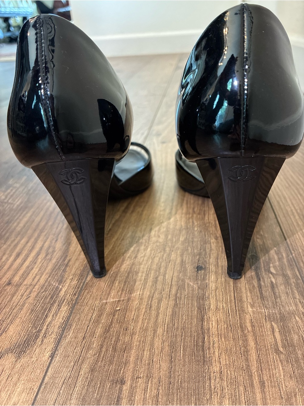 CHANEL Black Patent Leather Open-Toe D'Orsay Heels - Picture 3 of 9